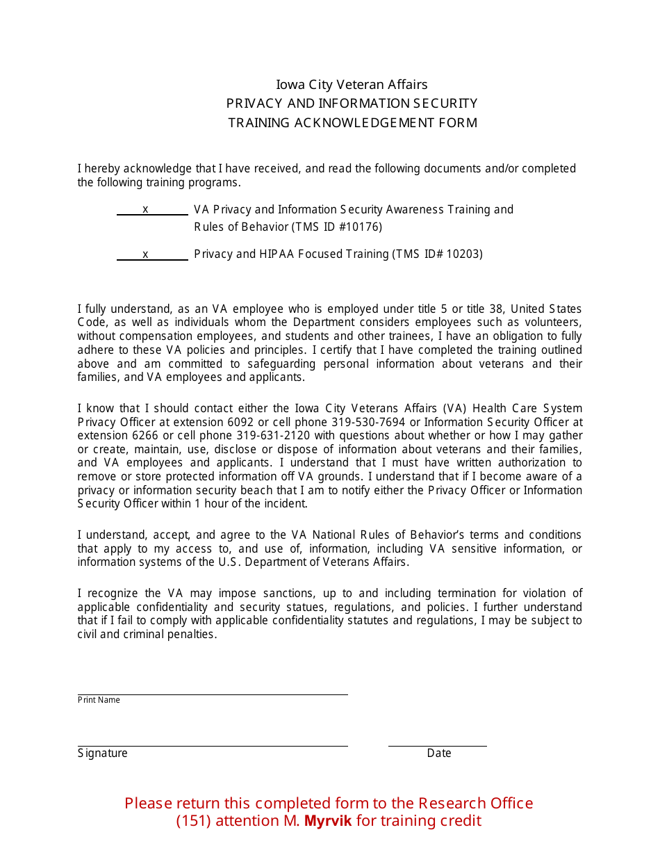 Privacy and Information Security Training Acknowledgement Form - Iowa City Veteran Affairs, Page 1