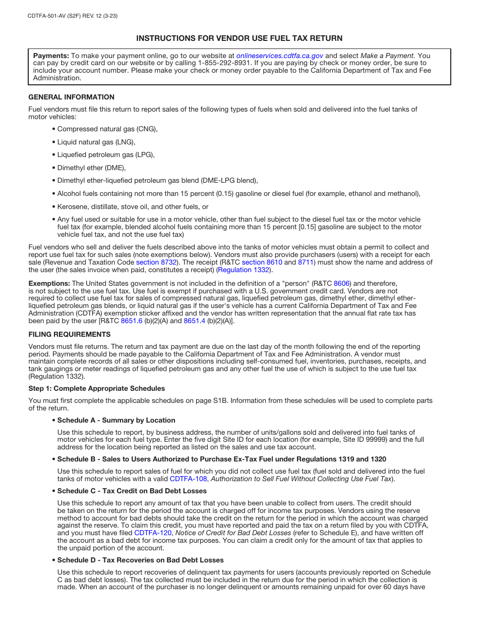 Form CDTFA-501-AV Vendor Use Fuel Tax Return - California, Page 3