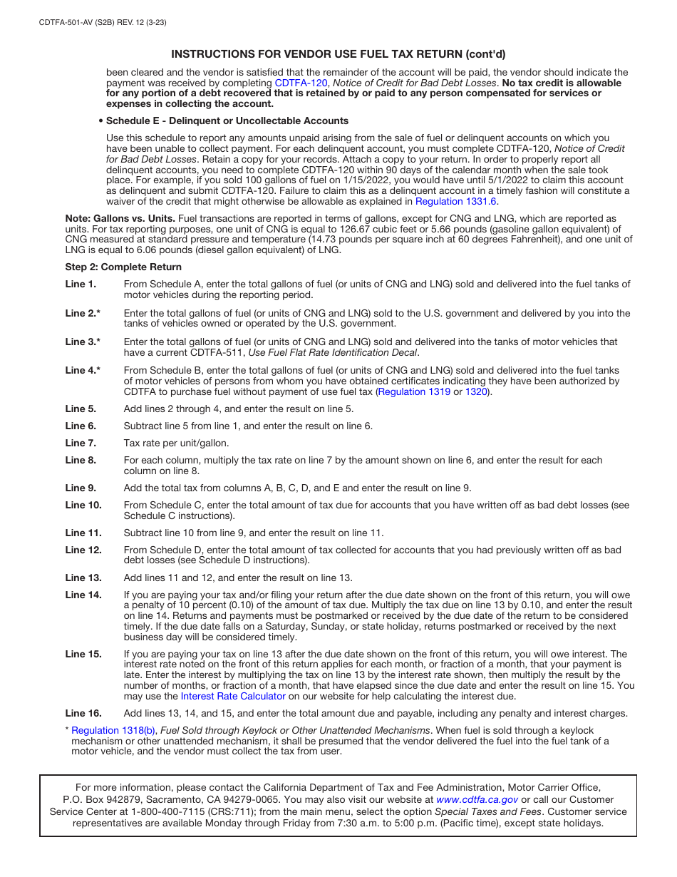 Form CDTFA-501-AV Vendor Use Fuel Tax Return - California, Page 4