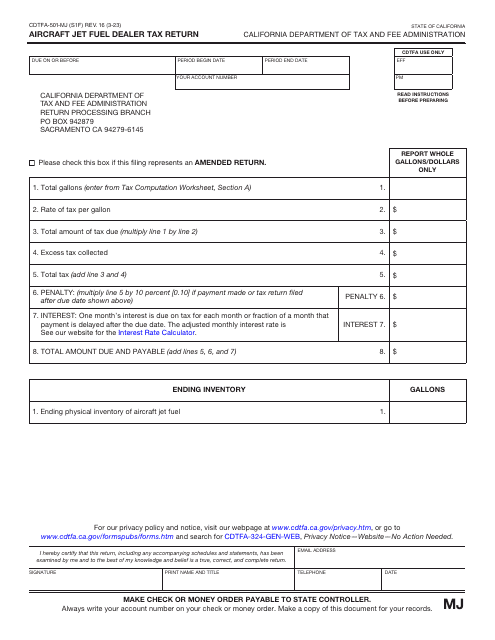 Form CDTFA-501-MJ Aircraft Jet Fuel Dealer Tax Return - California