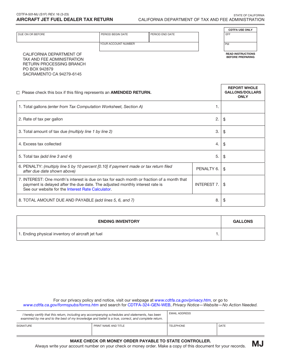 Form CDTFA-501-MJ Aircraft Jet Fuel Dealer Tax Return - California, Page 1
