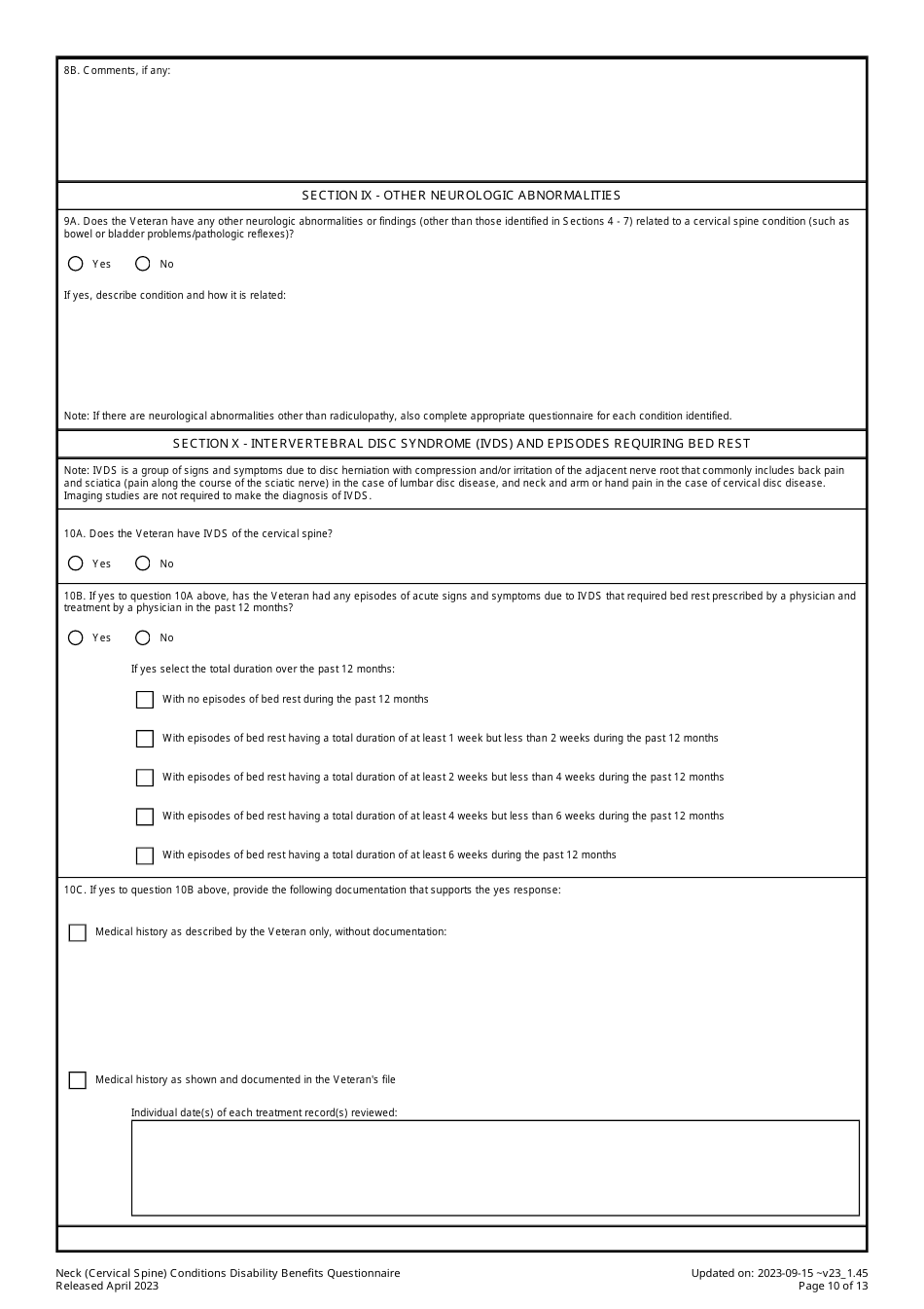 Neck (Cervical Spine) Conditions Disability Benefits Questionnaire, Page 10