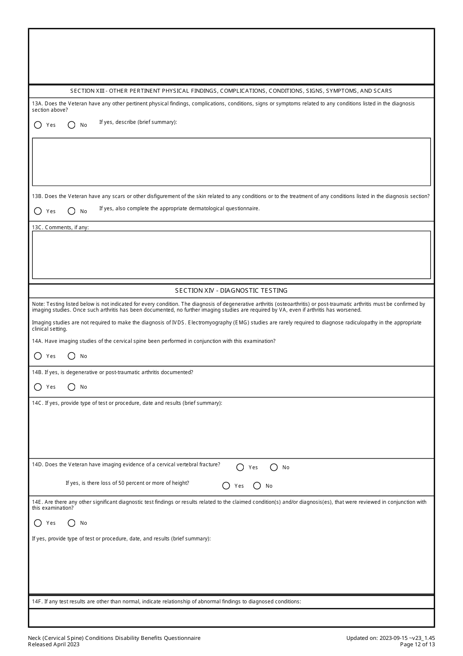 Neck (Cervical Spine) Conditions Disability Benefits Questionnaire, Page 12