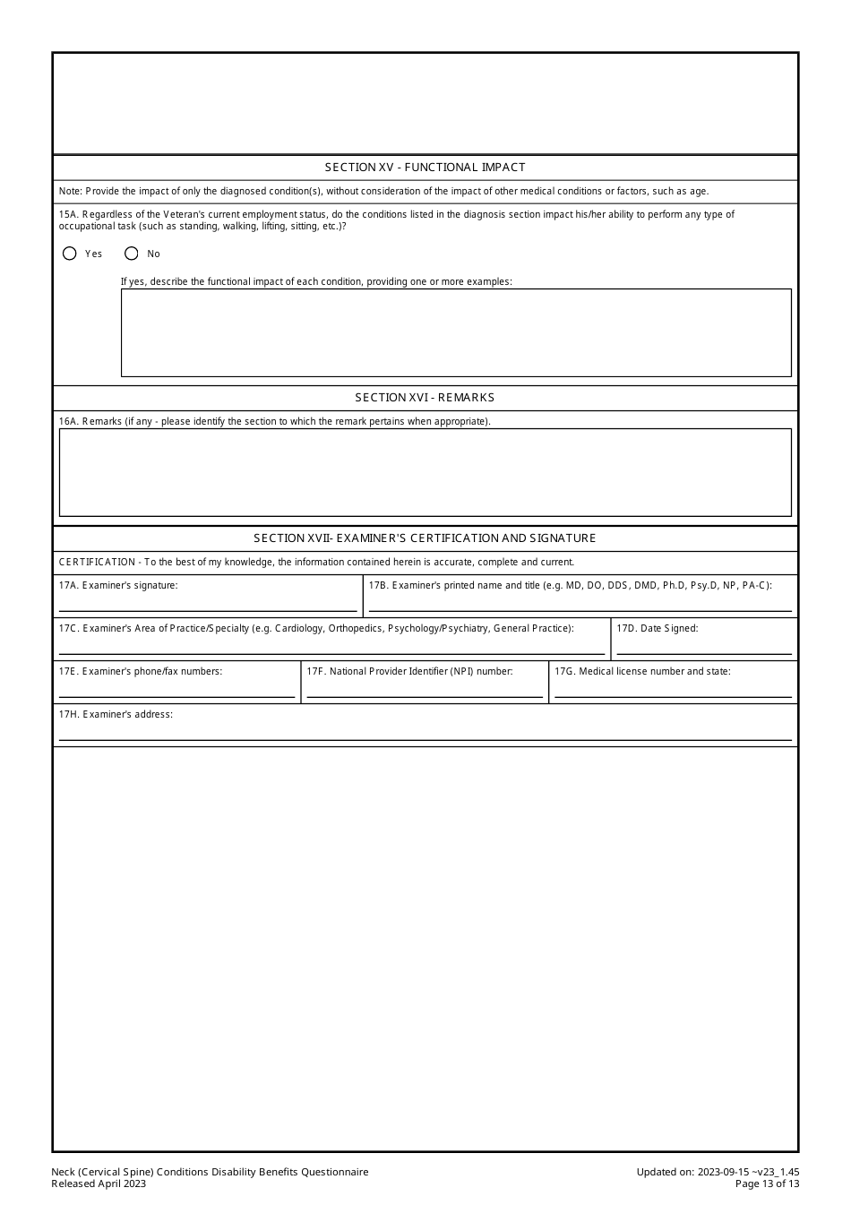 Neck (Cervical Spine) Conditions Disability Benefits Questionnaire, Page 13