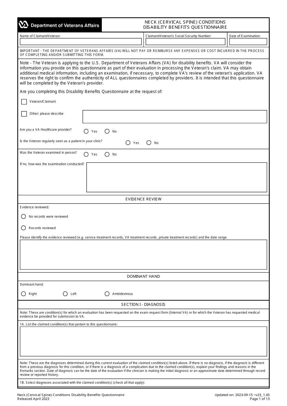 Neck (Cervical Spine) Conditions Disability Benefits Questionnaire, Page 1