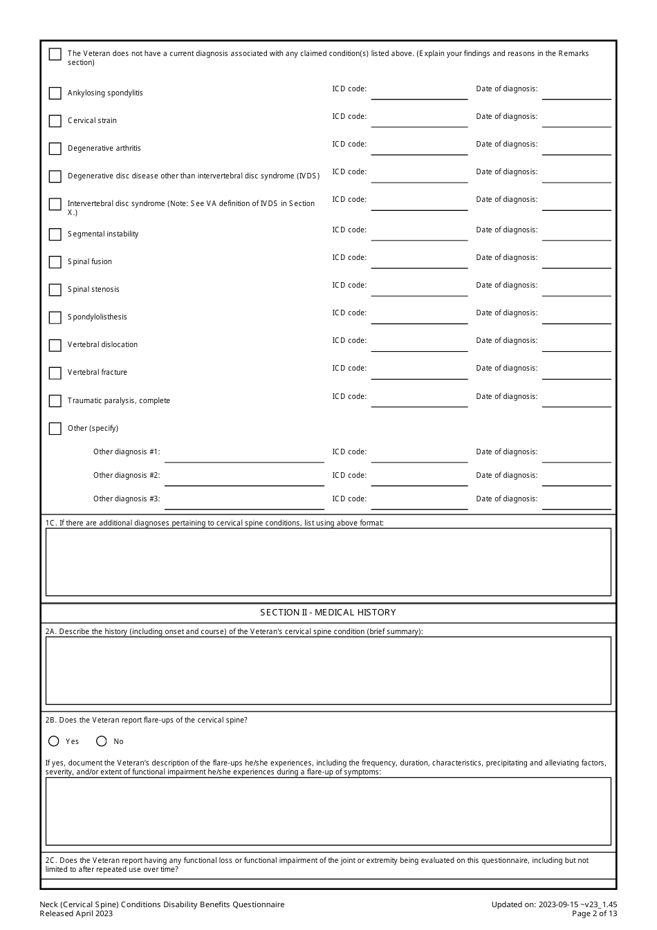 Neck (Cervical Spine) Conditions Disability Benefits Questionnaire, Page 2