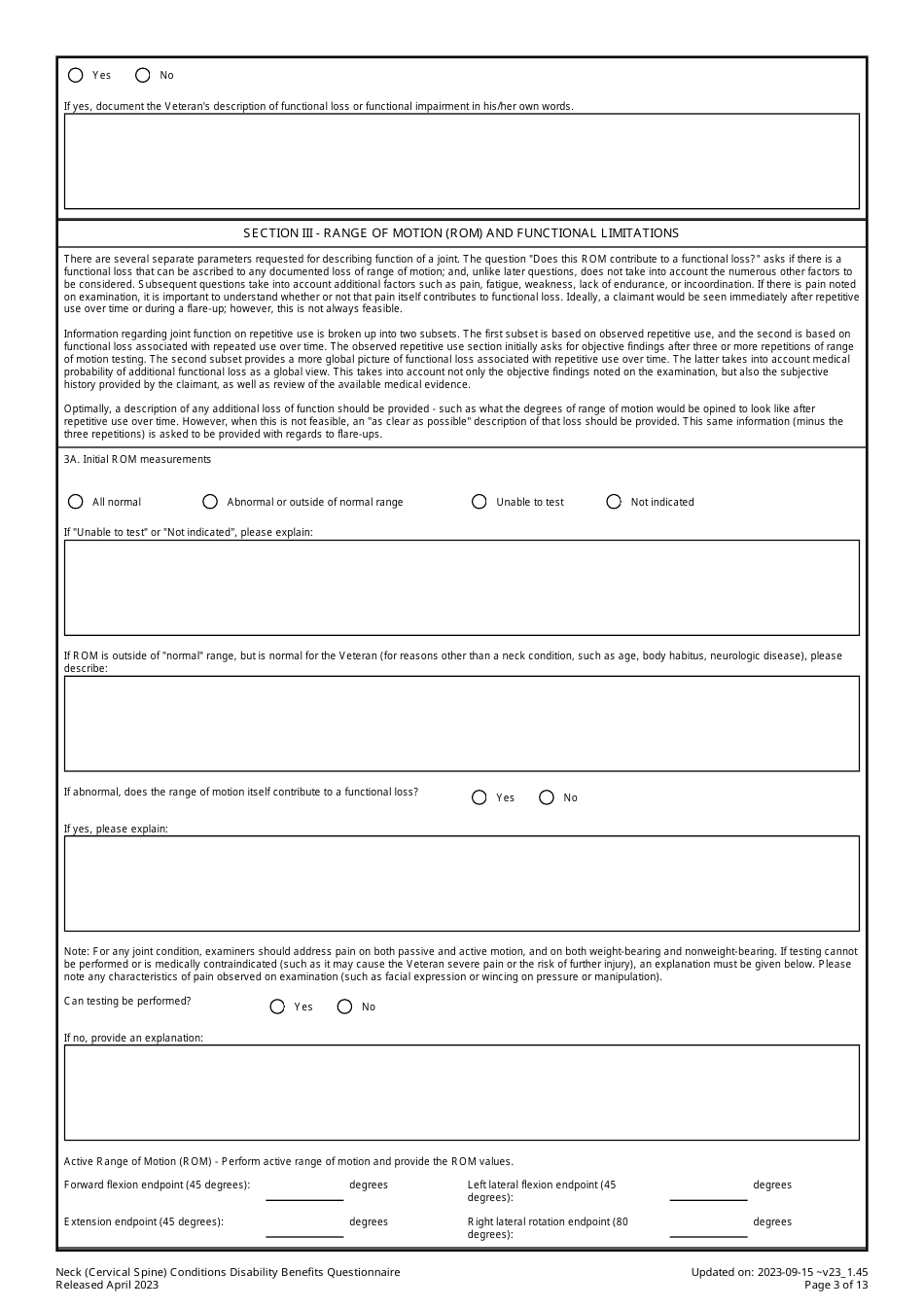 Neck (Cervical Spine) Conditions Disability Benefits Questionnaire, Page 3