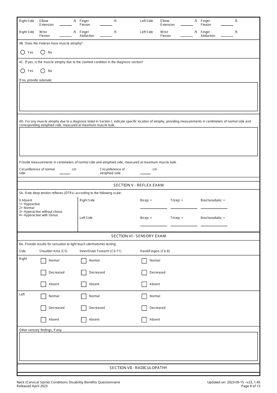 Neck (Cervical Spine) Conditions Disability Benefits Questionnaire, Page 8