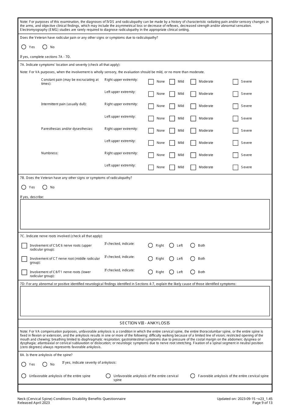 Neck (Cervical Spine) Conditions Disability Benefits Questionnaire, Page 9