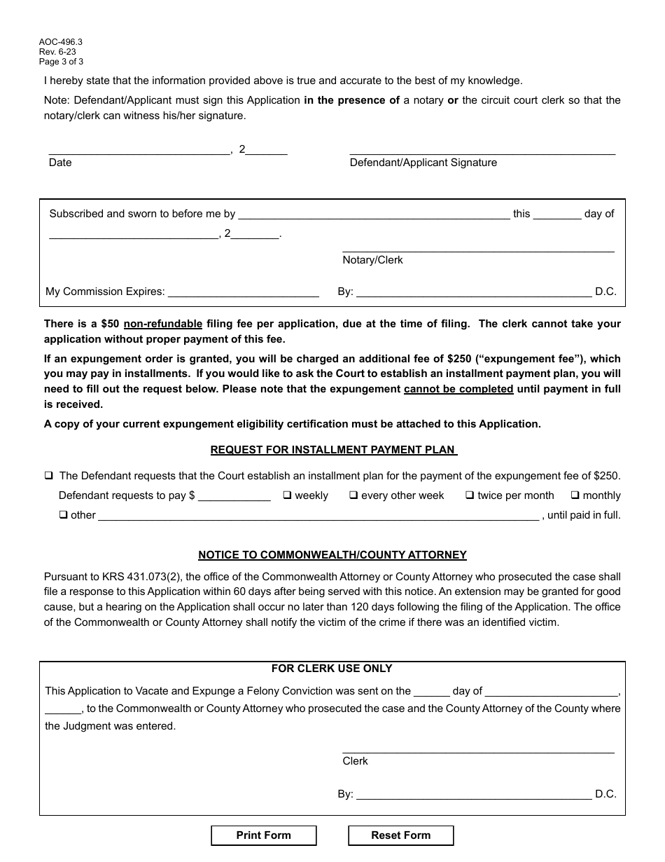 Form AOC-496.3 Application to Vacate and Expunge Felony Conviction - Kentucky, Page 3