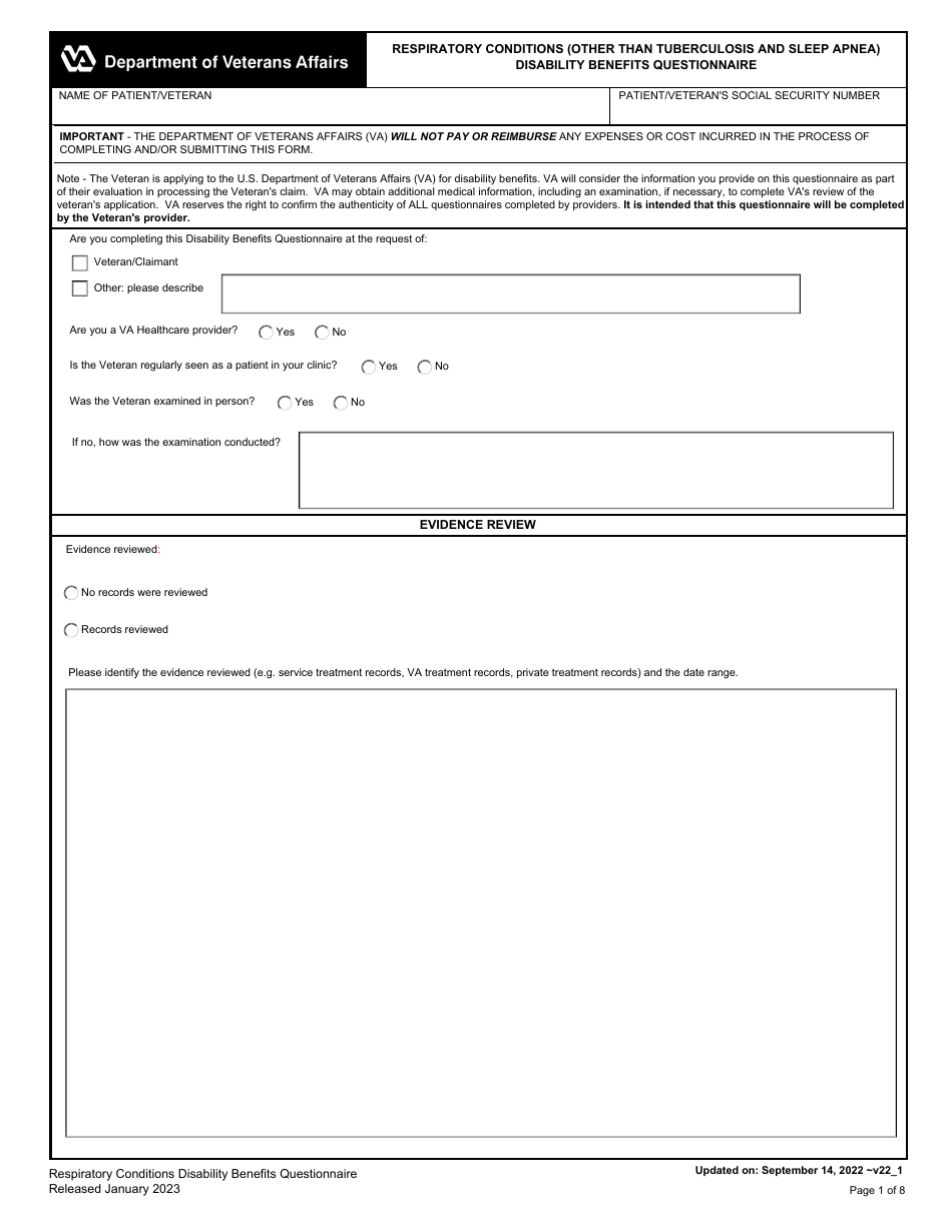 Respiratory Conditions (Other Than Tuberculosis and Sleep Apnea) Disability Benefits Questionnaire, Page 1