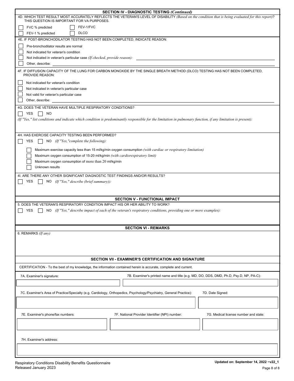 Respiratory Conditions (Other Than Tuberculosis and Sleep Apnea) Disability Benefits Questionnaire, Page 8