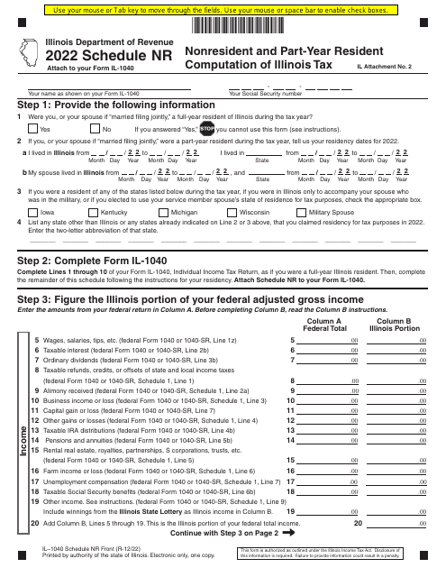 Form IL-1040 Schedule NR Nonresident and Part-Year Resident Computation of Illinois Tax - Illinois, 2022