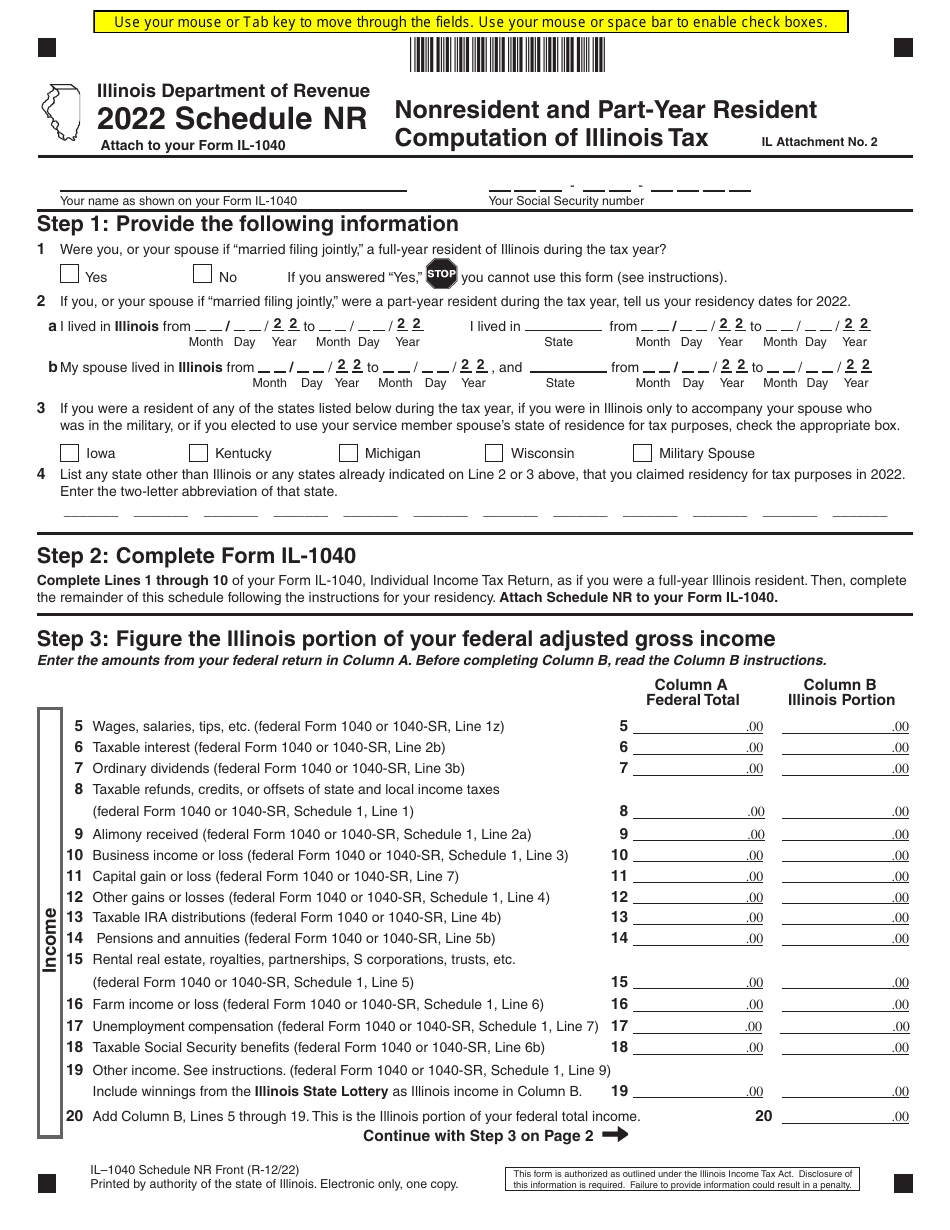 Form IL 1040 Schedule NR Download Fillable PDF Or Fill Online   Form Il 1040 Schedule Nr Nonresident And Part Year Resident Computation Of Illinois Tax Illinois Print Big 