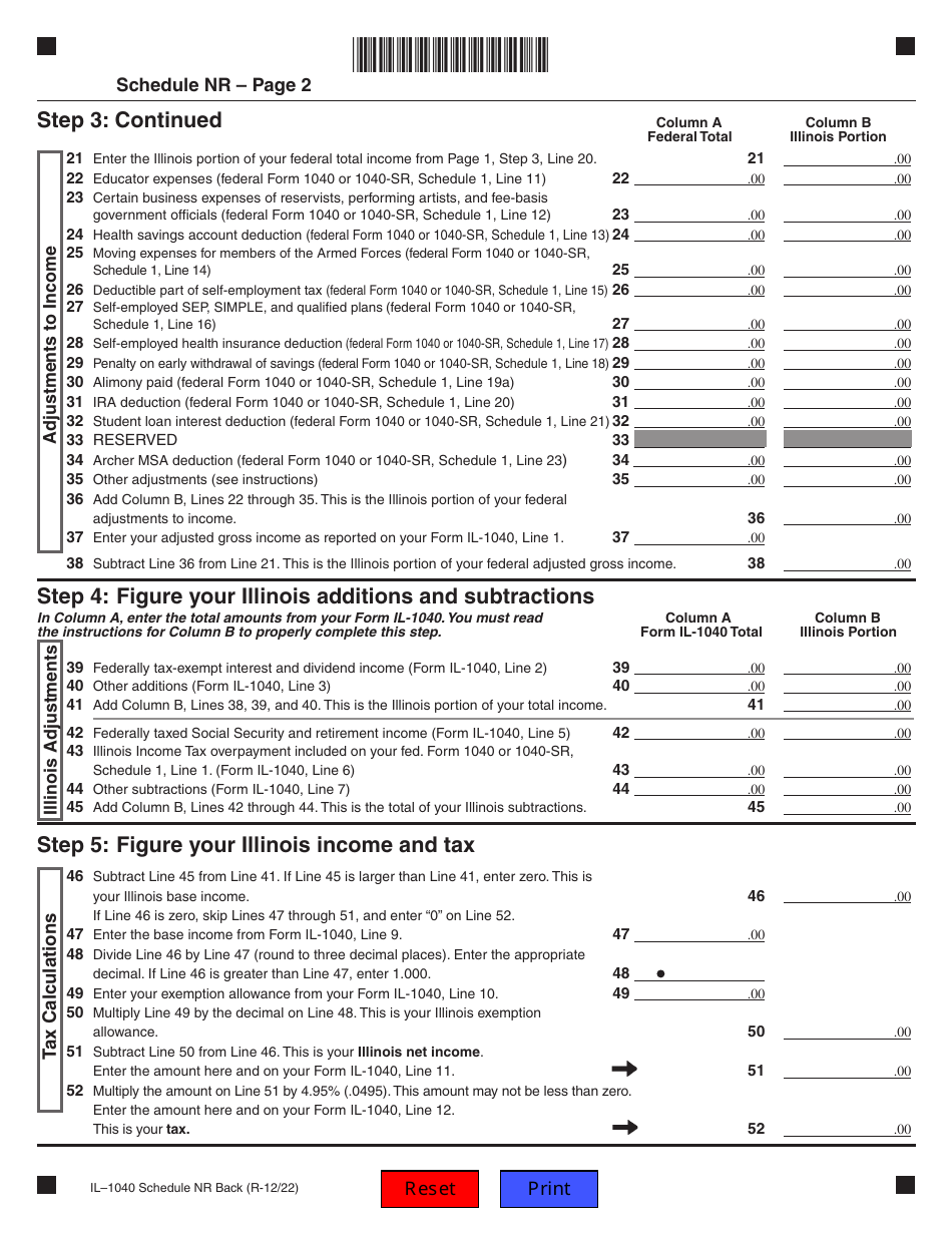 Form IL-1040 Schedule NR Download Fillable PDF or Fill Online ...