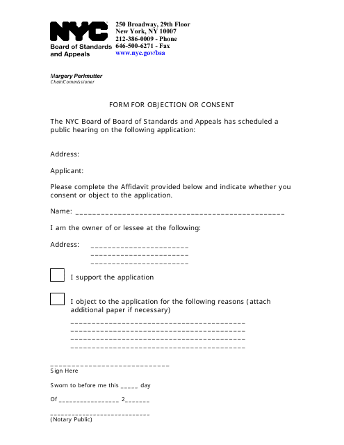 Form for Objection or Consent - New York City Download Pdf