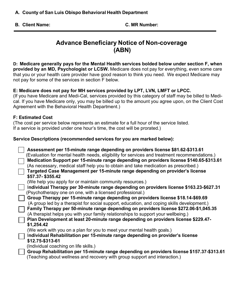 Form CMS-R-131 Advance Beneficiary Notice of Non-coverage (Abn) - County of San Luis Obispo, California, Page 1