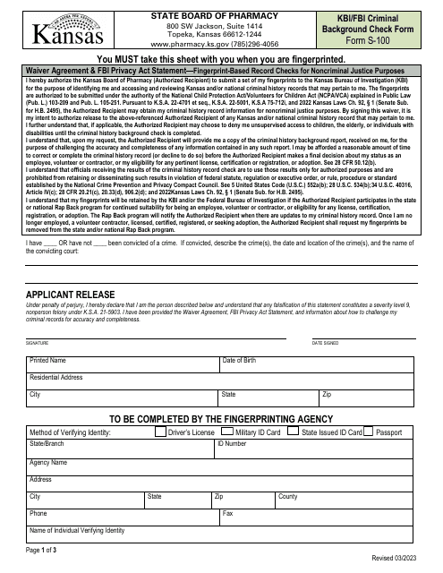 Form S-100 Kbi/Fbi Criminal Background Check Form - Kansas