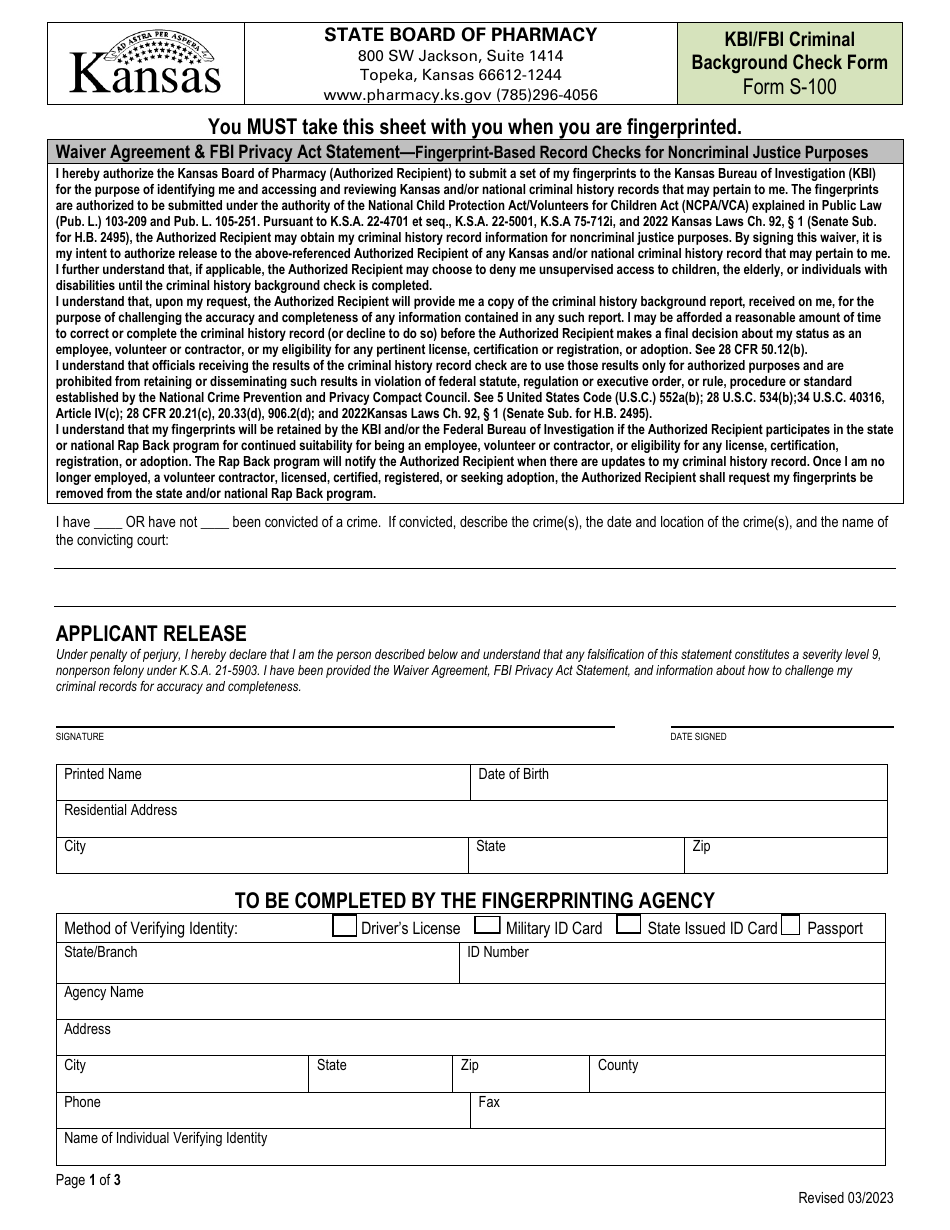 Form S-100 Kbi / Fbi Criminal Background Check Form - Kansas, Page 1