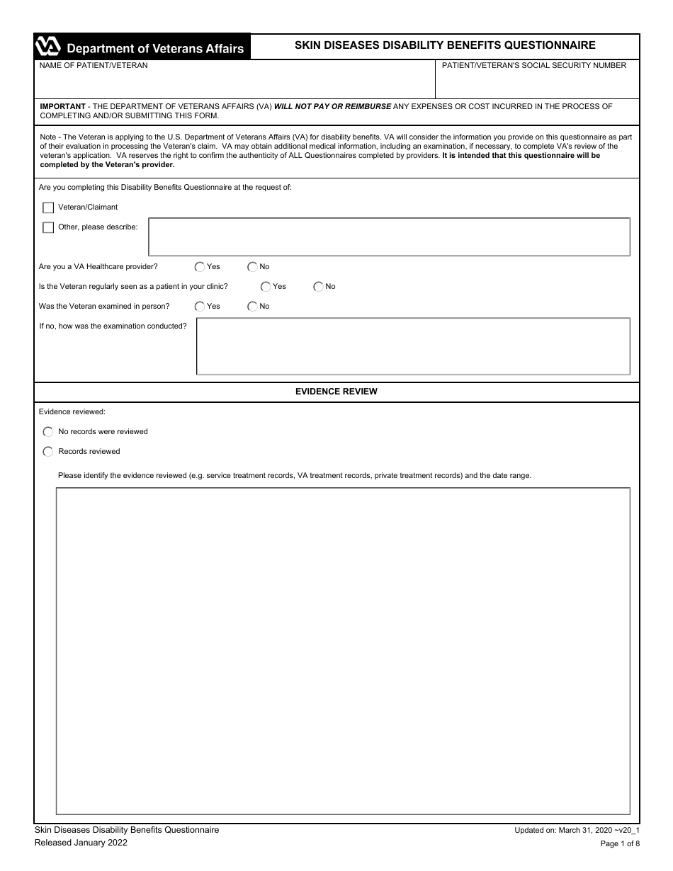 Skin Diseases Disability Benefits Questionnaire, Page 1