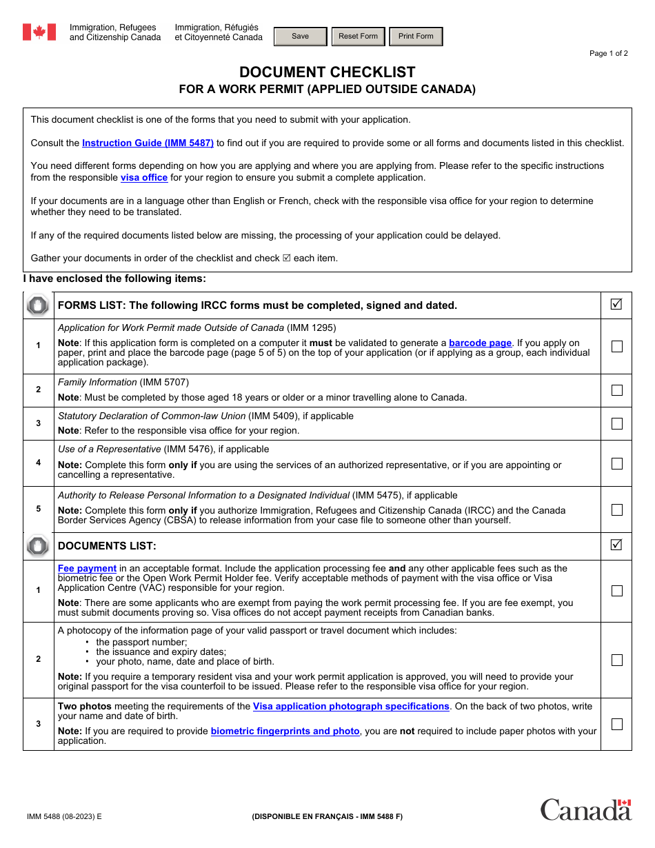 Form IMM5488 Document Checklist for a Work Permit (Applied Outside Canada) - Canada, Page 1