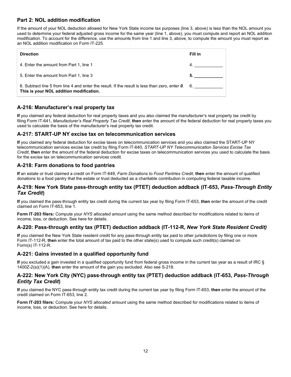 Instructions for Form IT-225 New York State Modifications - New York, Page 12