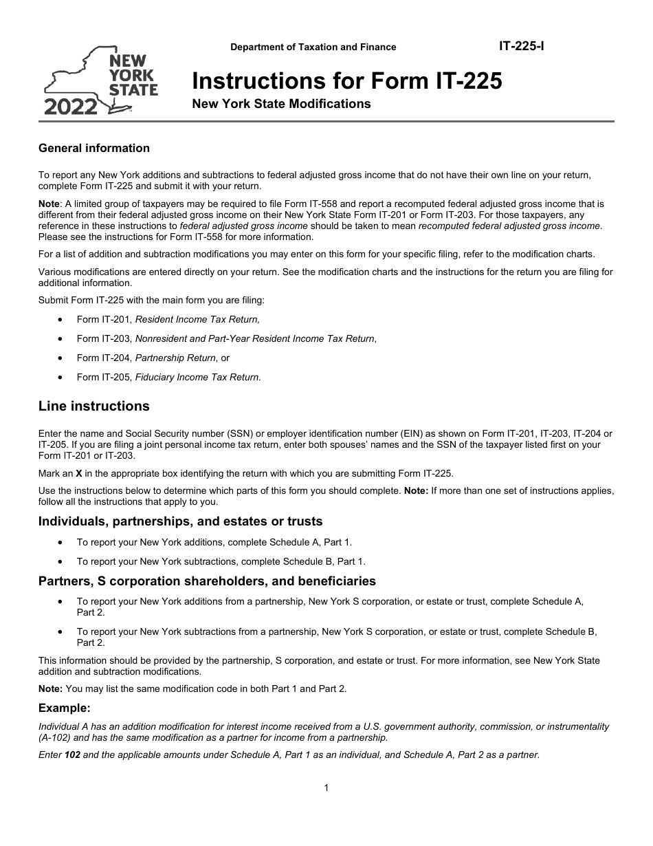 Instructions for Form IT-225 New York State Modifications - New York, Page 1