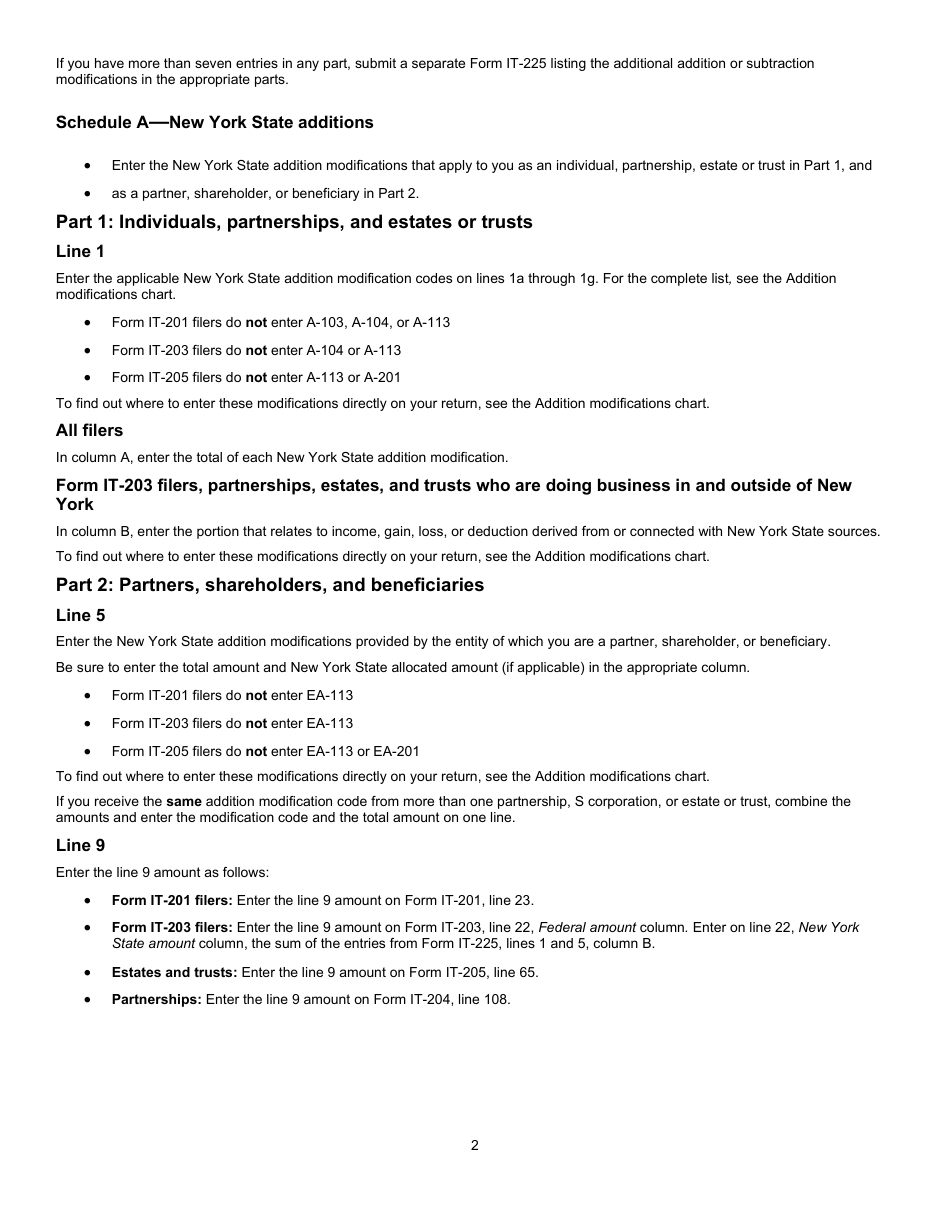 Instructions for Form IT-225 New York State Modifications - New York, Page 2
