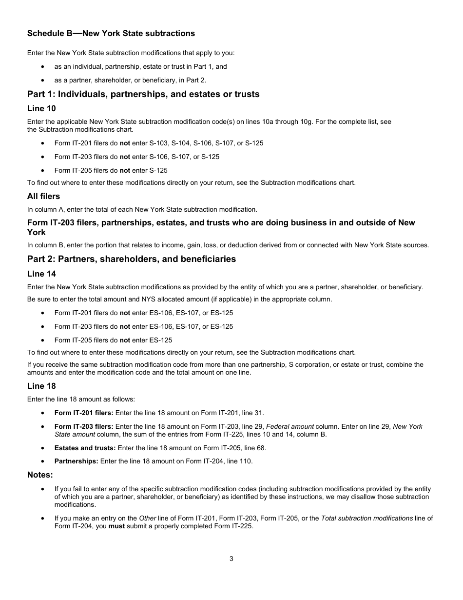 Instructions for Form IT-225 New York State Modifications - New York, Page 3