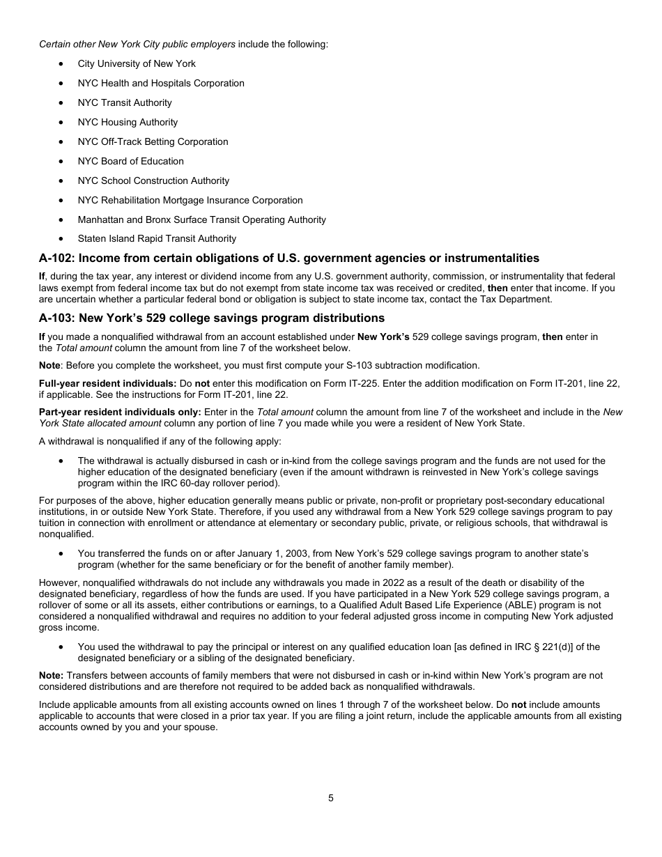 Instructions for Form IT-225 New York State Modifications - New York, Page 5