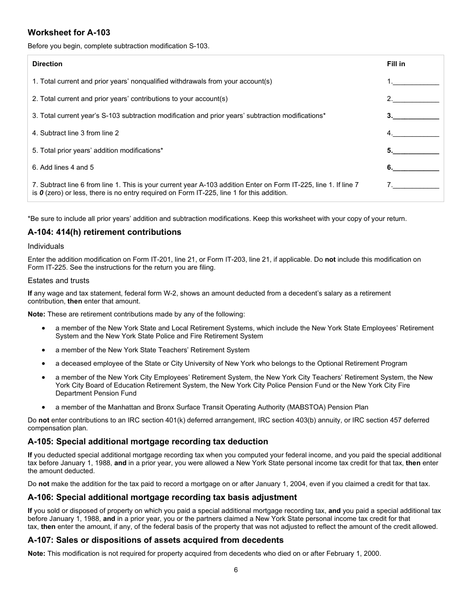 Instructions for Form IT-225 New York State Modifications - New York, Page 6