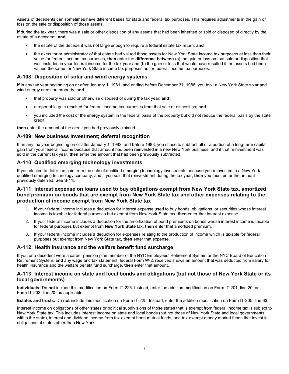 Instructions for Form IT-225 New York State Modifications - New York, Page 7