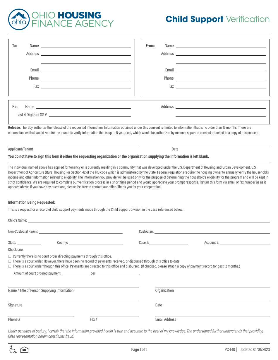 Form PC-E10 Child Support Verification - Ohio, Page 1