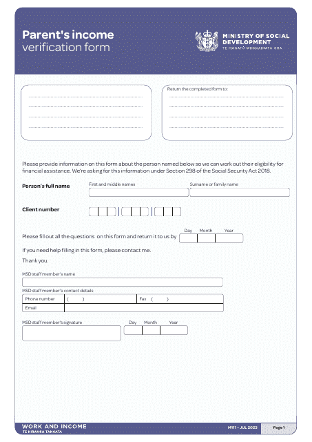 Form M111 Parent's Income Verification Form - New Zealand