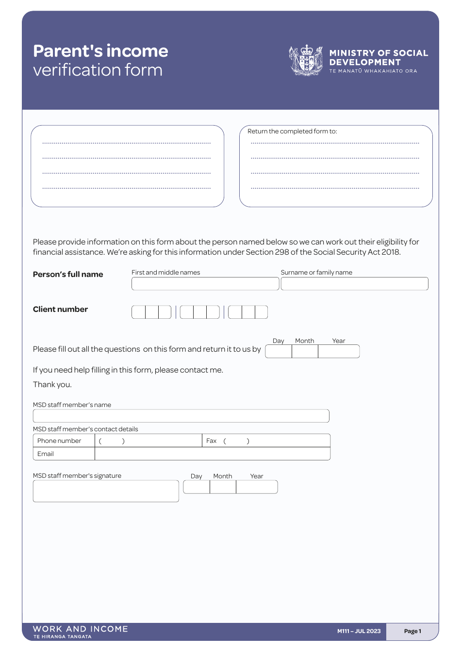 Form M111 Parents Income Verification Form - New Zealand, Page 1