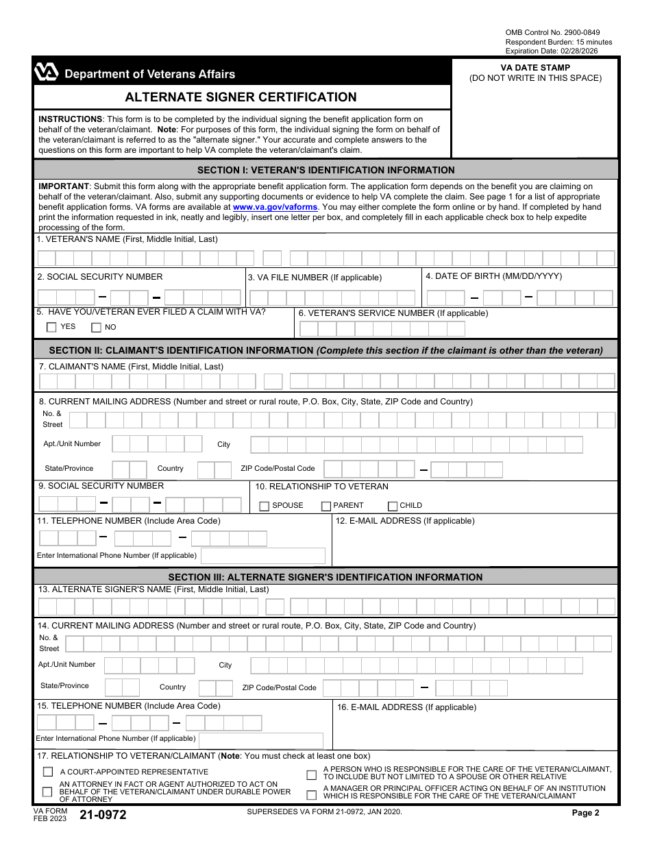 VA Form 21-0972 Download Fillable PDF or Fill Online Alternate Signer ...