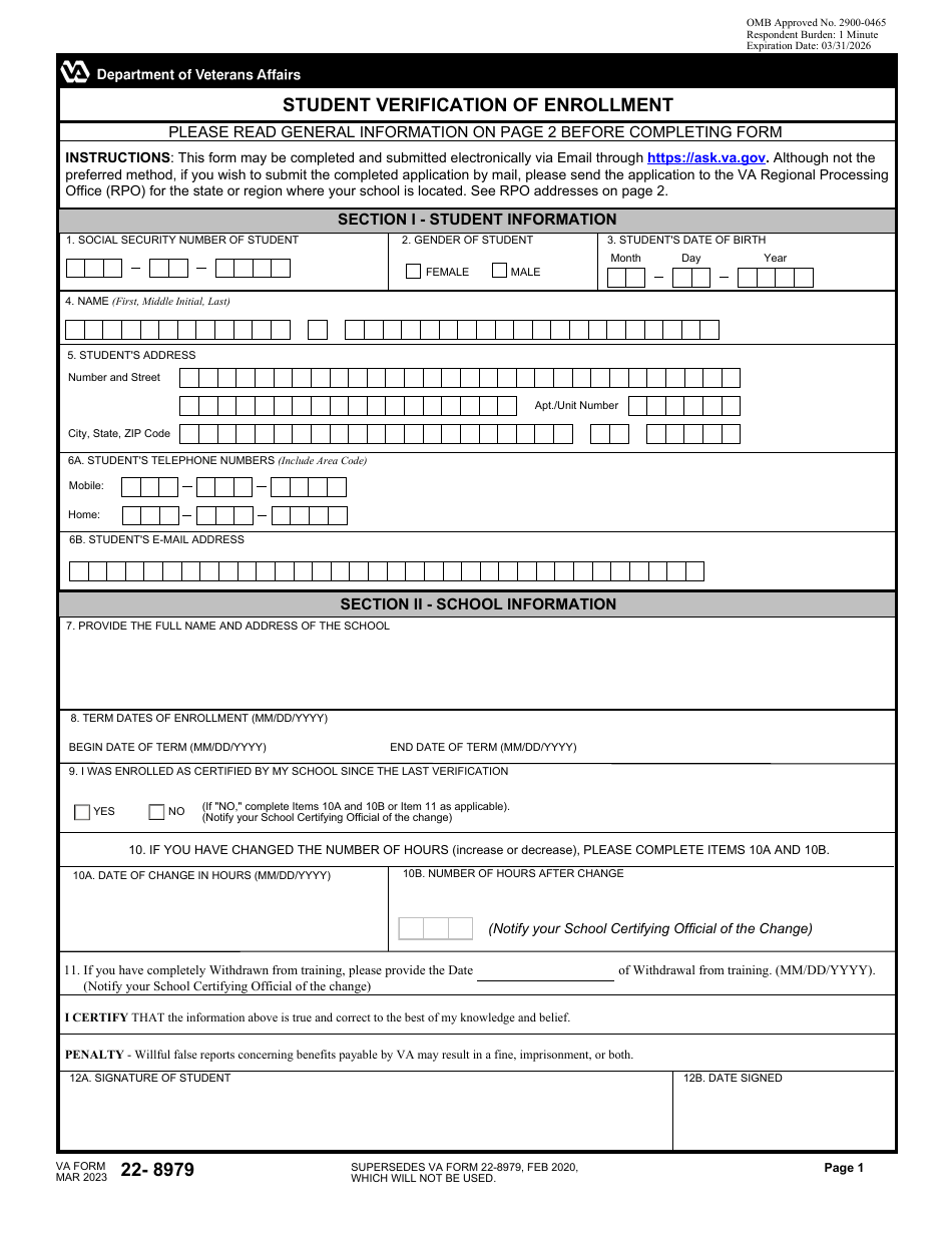 VA Form 22-8979 Student Verification of Enrollment, Page 1
