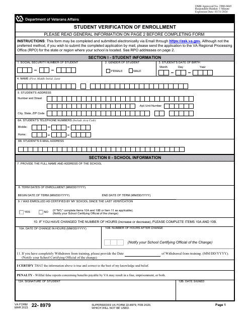 VA Form 22-8979 Student Verification of Enrollment