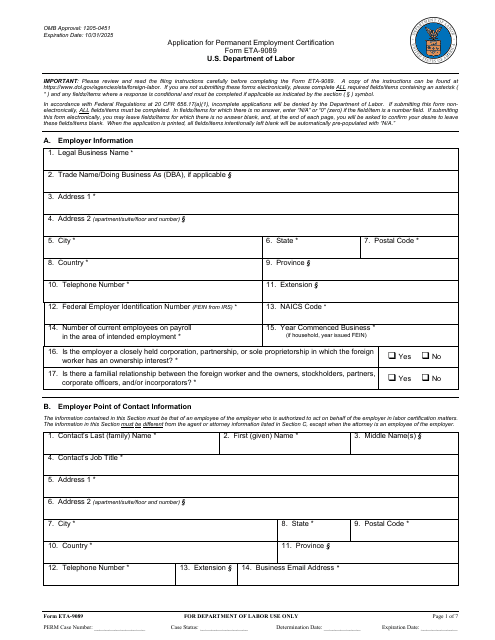 Form ETA-9089 Application for Permanent Employment Certification