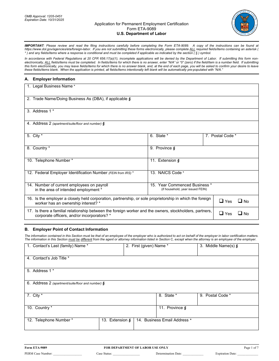 Form ETA-9089 Application for Permanent Employment Certification, Page 1