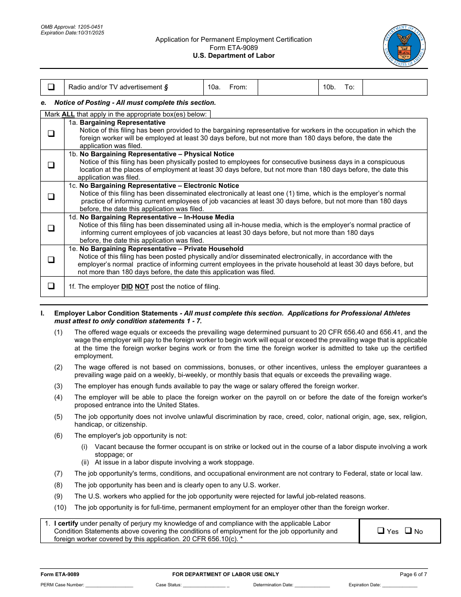 Form ETA-9089 Application for Permanent Employment Certification, Page 6