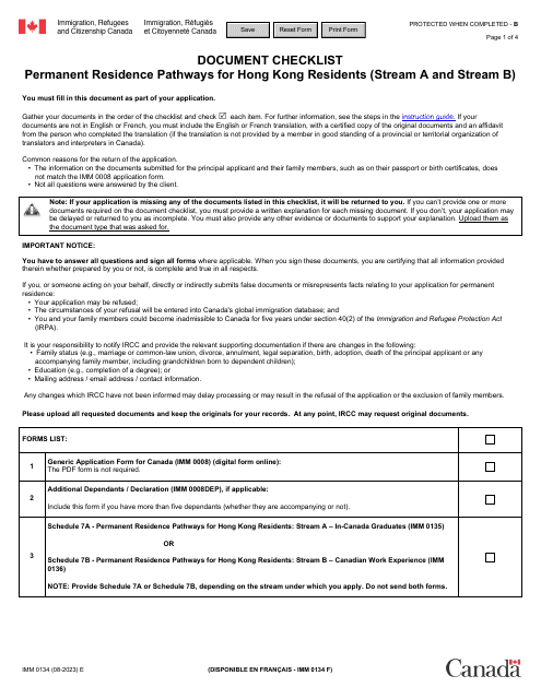 Form IMM0134 Document Checklist - Permanent Residence Pathways for Hong Kong Residents (Stream a and Stream B) - Canada