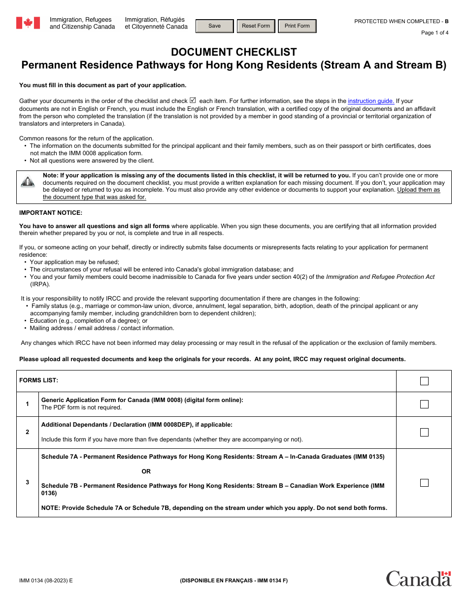 Form IMM0134 Document Checklist - Permanent Residence Pathways for Hong Kong Residents (Stream a and Stream B) - Canada, Page 1