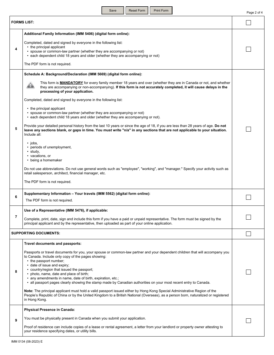 Form IMM0134 Document Checklist - Permanent Residence Pathways for Hong Kong Residents (Stream a and Stream B) - Canada, Page 2