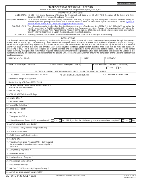 DA Form 5123-1 In-processing Personnel Record