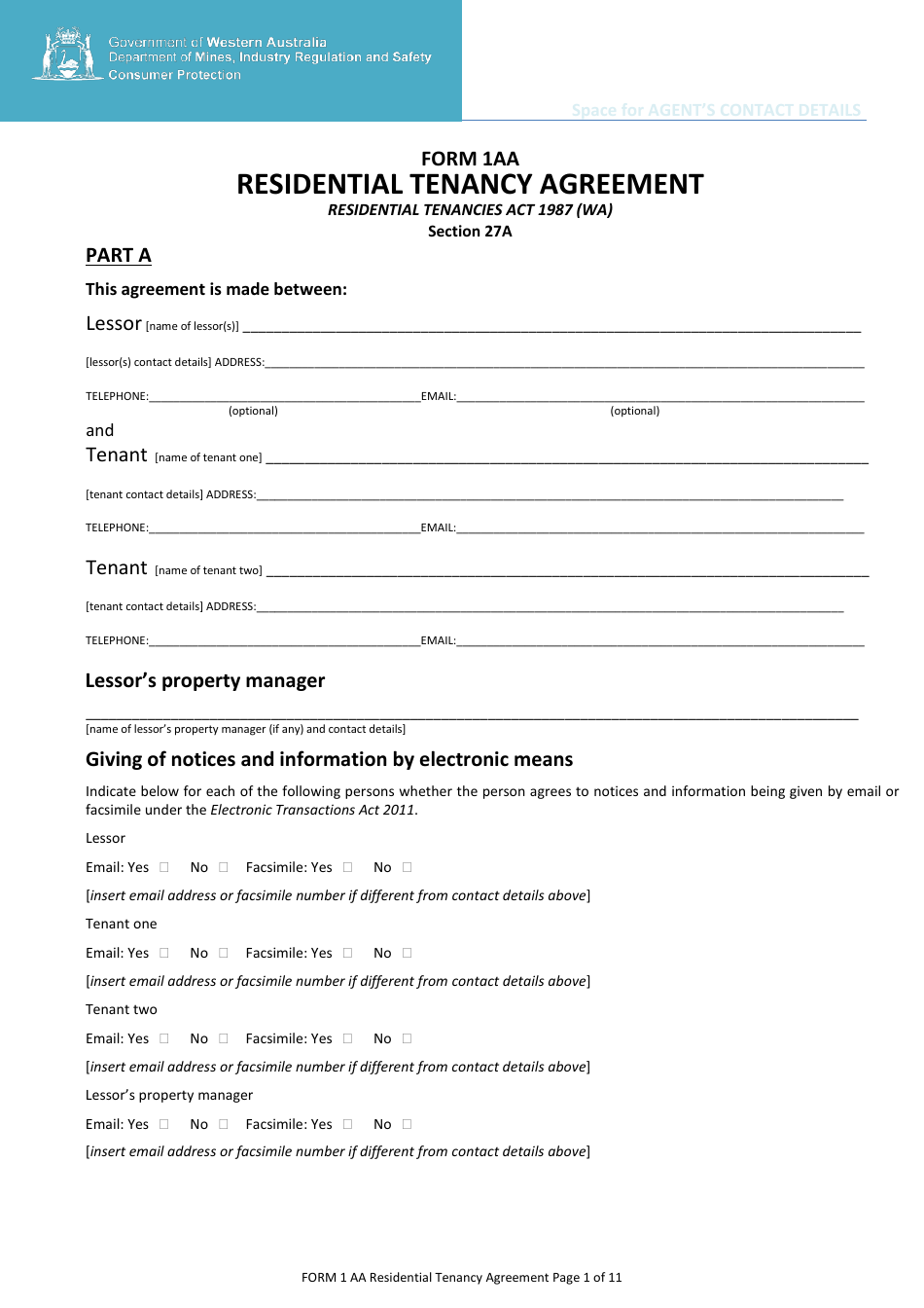 Form 1AA Residential Tenancy Agreement - Western Australia, Australia, Page 1