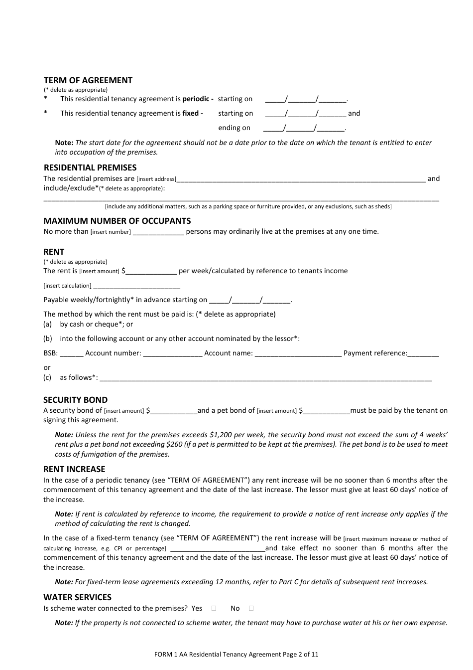 Form 1AA Residential Tenancy Agreement - Western Australia, Australia, Page 2