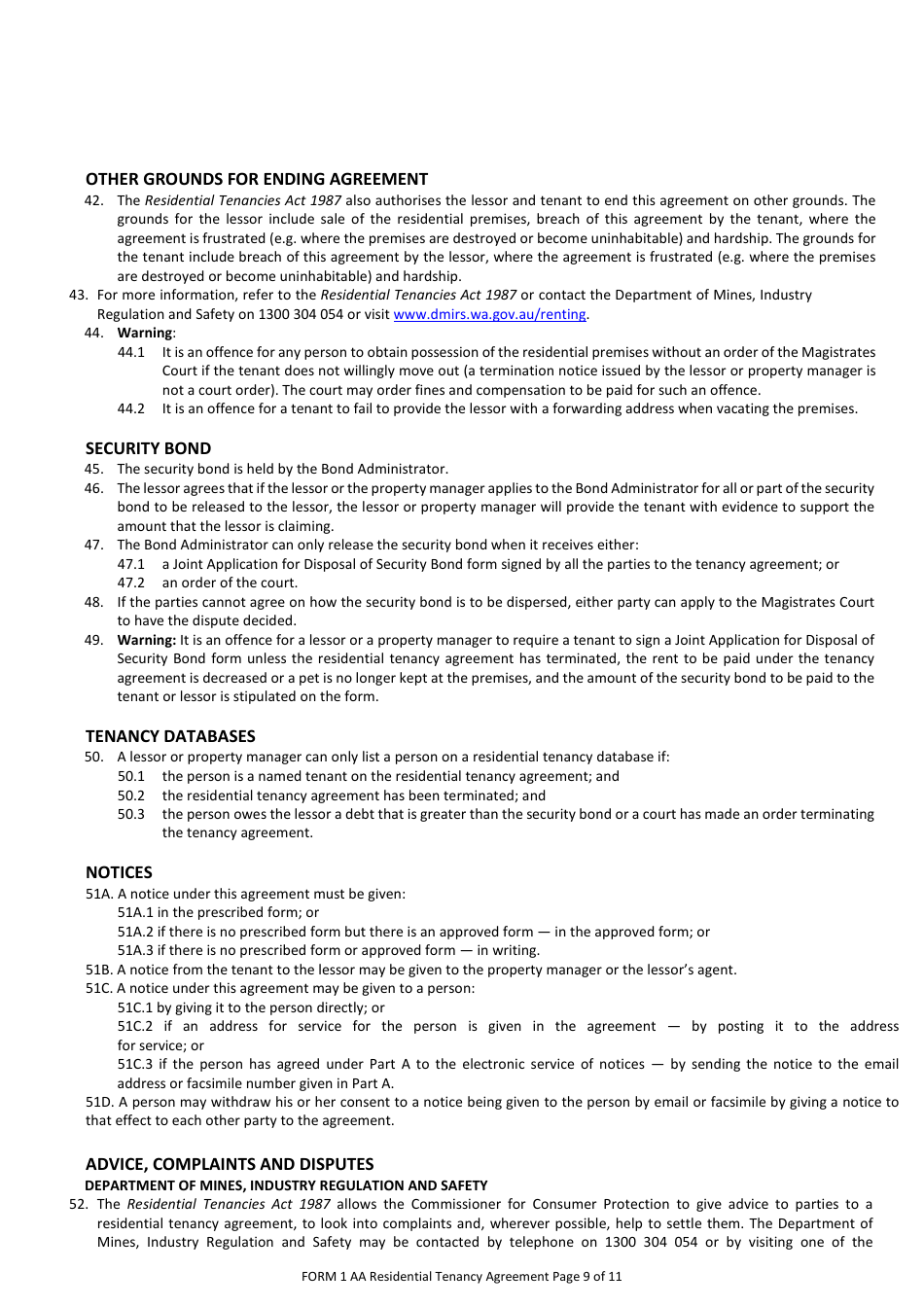 Form 1AA Residential Tenancy Agreement - Western Australia, Australia, Page 9