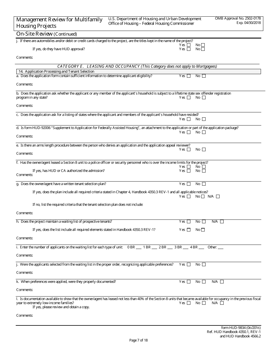 Form HUD-9834 Management Review for Multifamily Housing Projects, Page 16