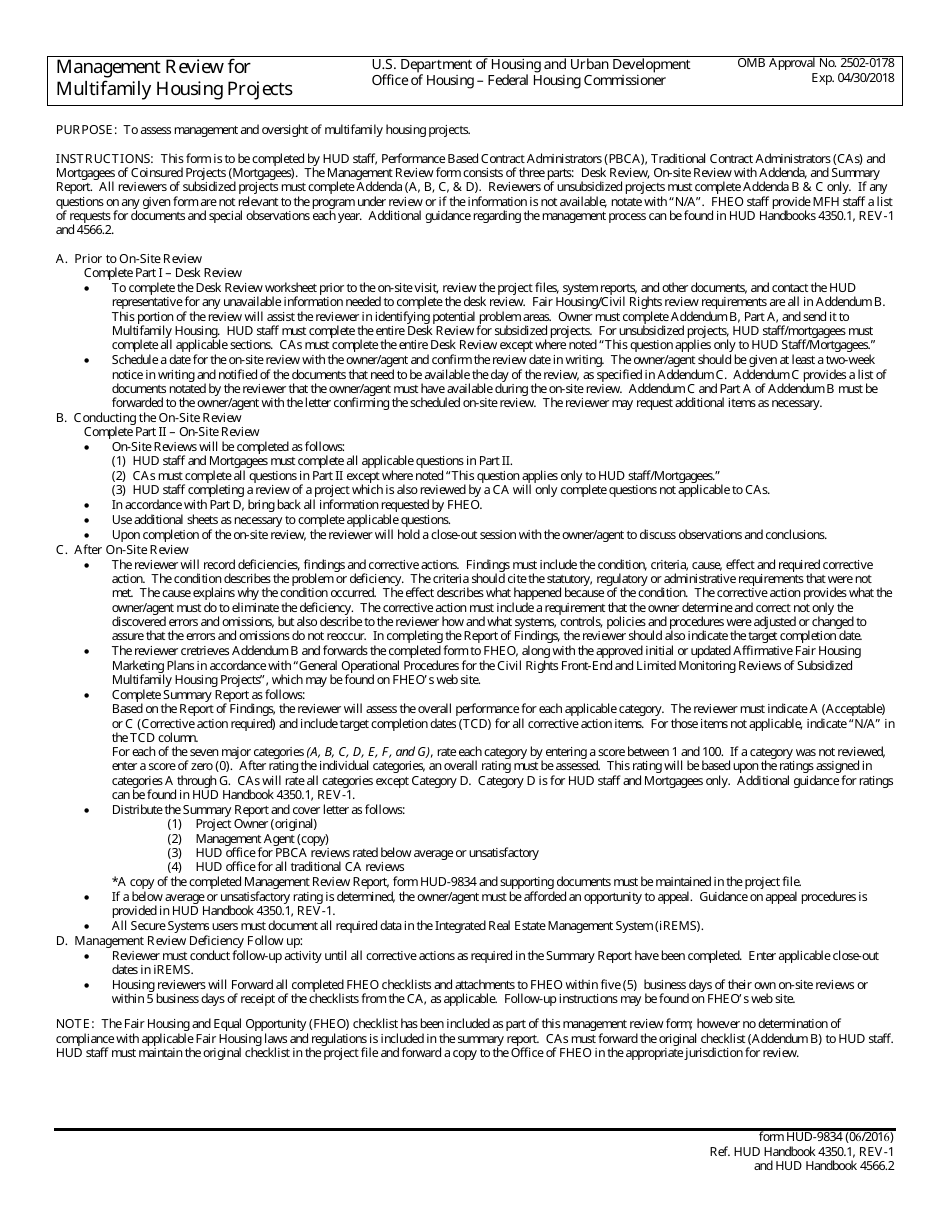 Form HUD-9834 Management Review for Multifamily Housing Projects, Page 1